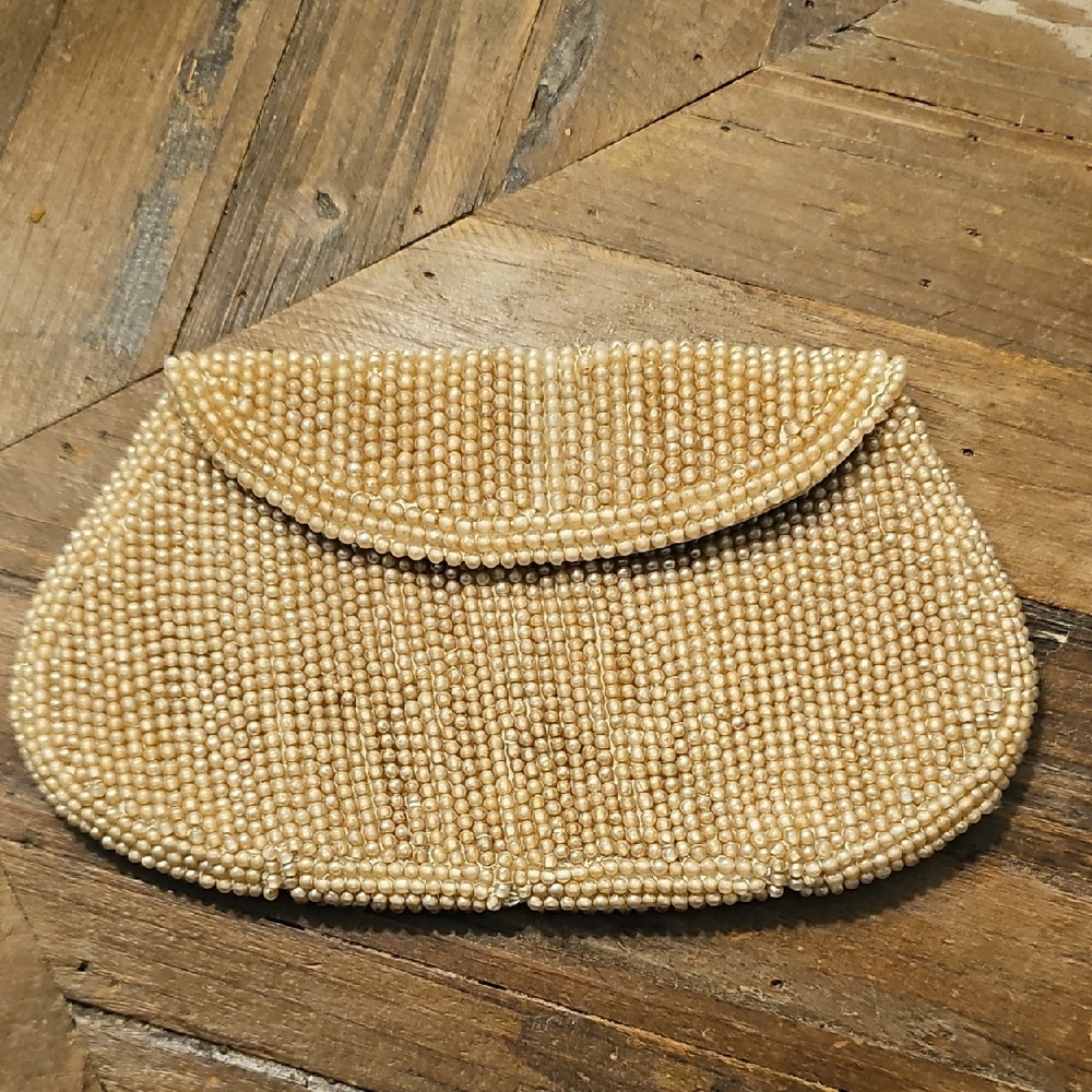 Elegant Beaded Tan Clutch